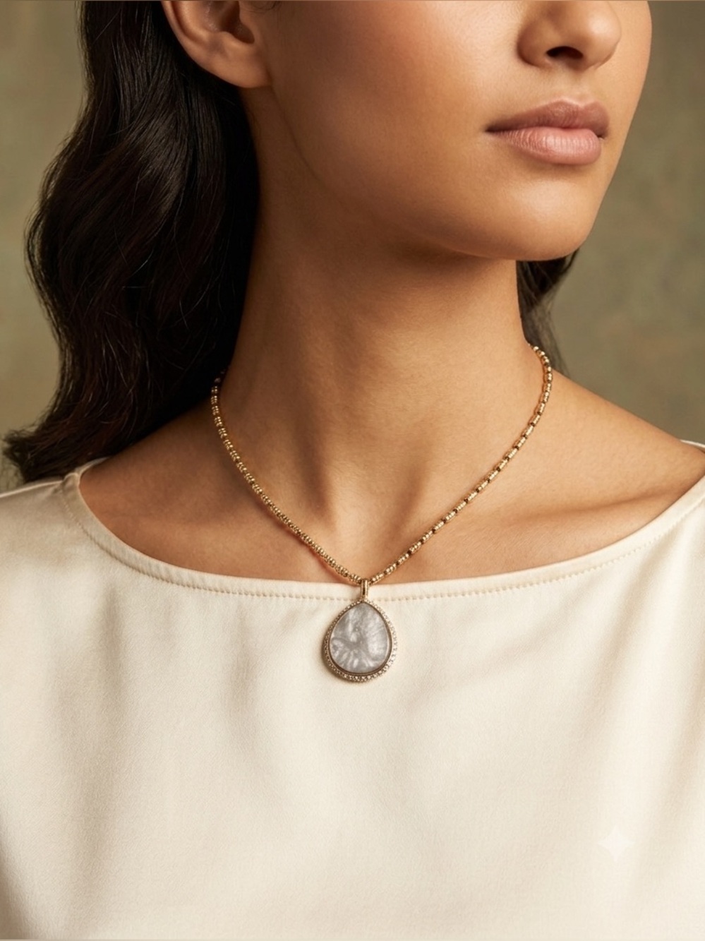 Gold Tone Necklace with Gray Acrylic Teardrop Pendant w/ Rhinestones - 12 inches